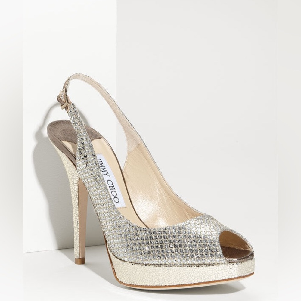 Jimmy Choo Clue Silver Glitter Slingback Pump Platform Sandal Shoe